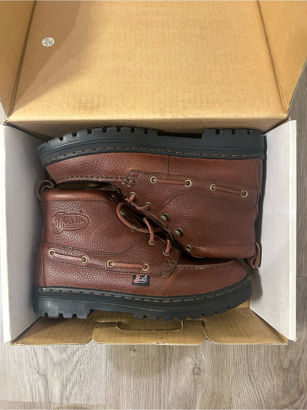 Justin Boots Brown Leather Lace-Up Work Boots with Black Lug Soles